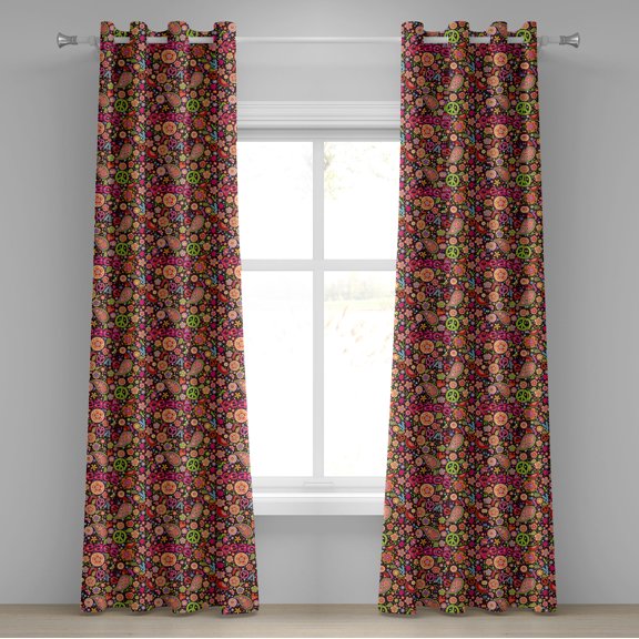 Ambesonne Groovy Grommet Curtain, Hippie Paisley Leaves, 50" x 84", Multicolor