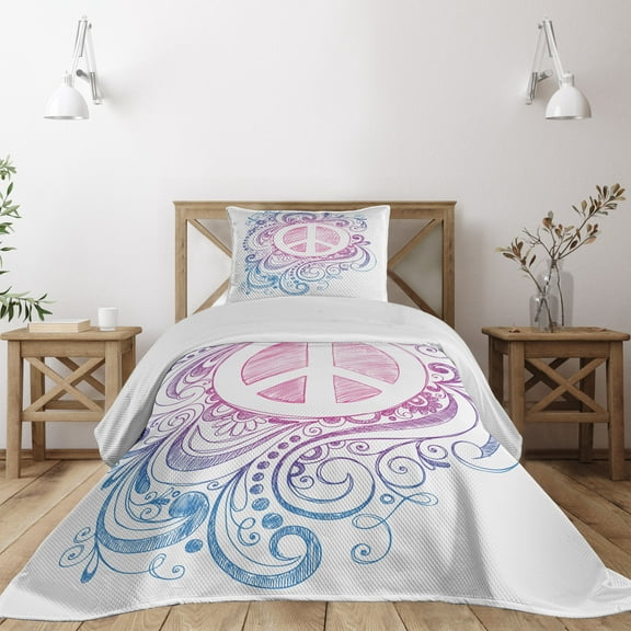 Ambesonne Groovy Quilted Coverlet 2 Pcs, Peace Sign and Swirls, Twin Size, Pink Blue White