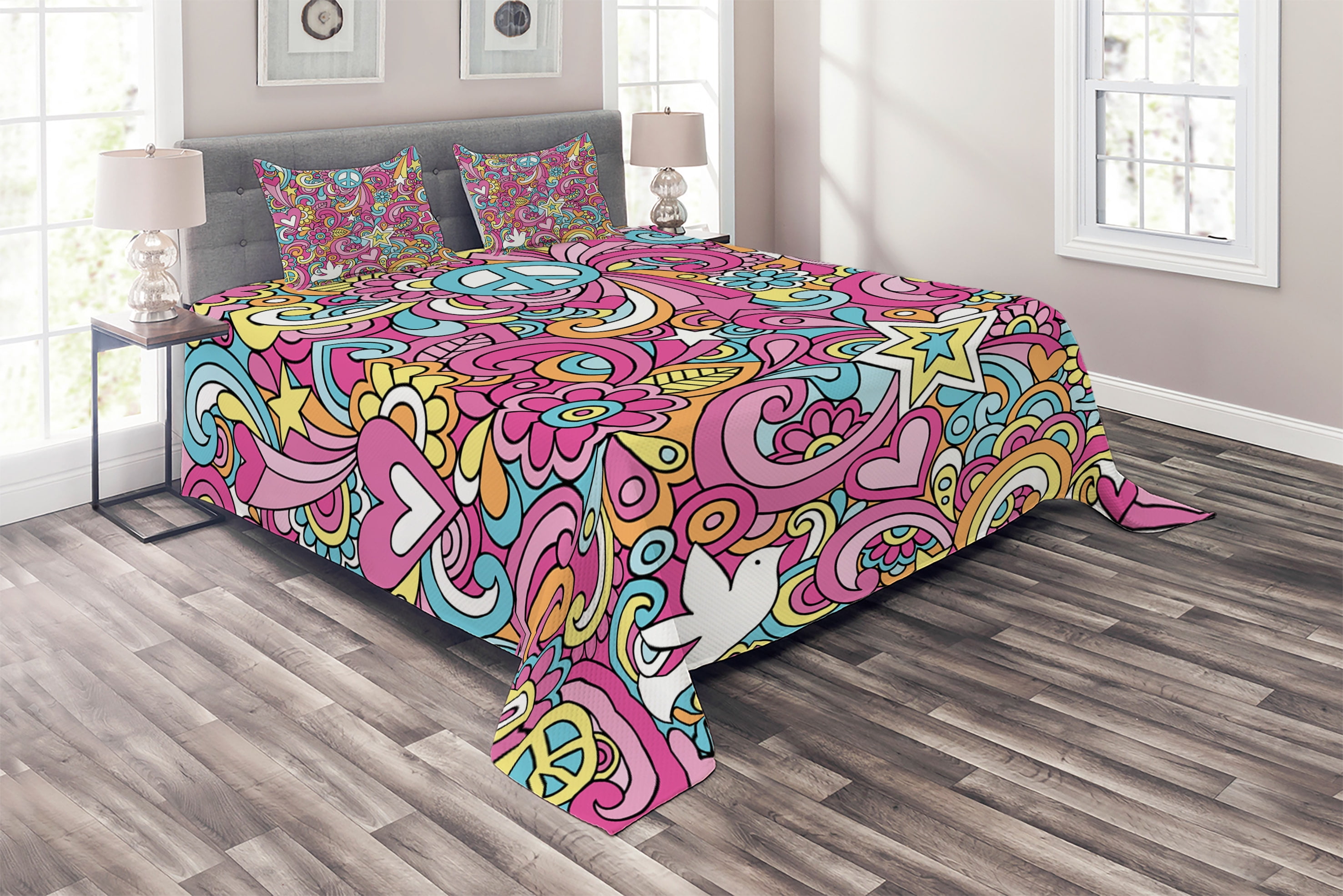 King Size Multicolor Polyester Groovy Floral Coverlet Set