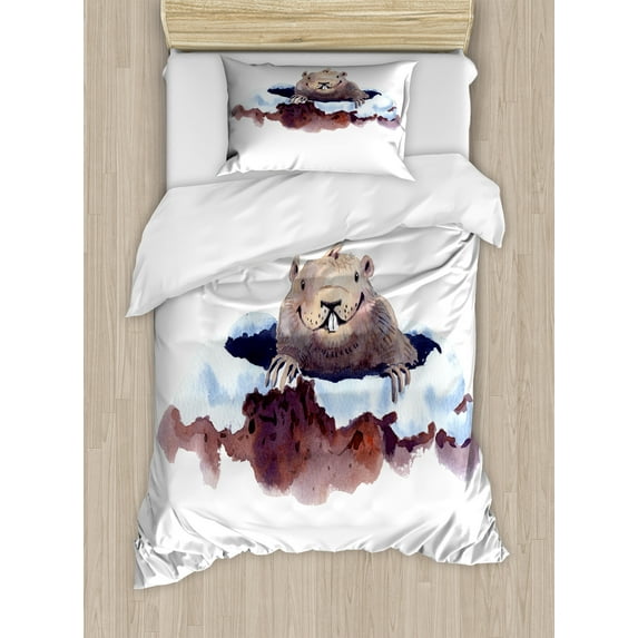 Ambesonne Groundhog Day Duvet Cover Sets, Marmot in Spring Hole, 2-Twin, Mauve Taupe Blue and White