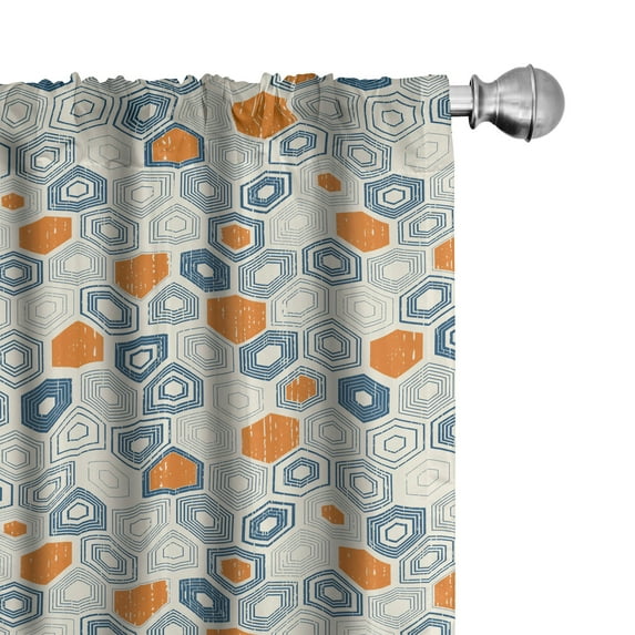 Ambesonne Grunge Window Curtains, Bullseye Hexagon Motifs, Each 28" W x 63" L, Navy Blue Orange Beige