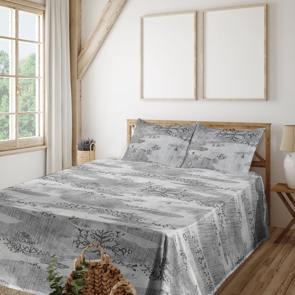 Ambesonne Grunge Art Fitted & Flat Sheet with Sham 3 Pcs Set, Abstract Pattern Branch, Twin XL, Pale Grey Dimgray