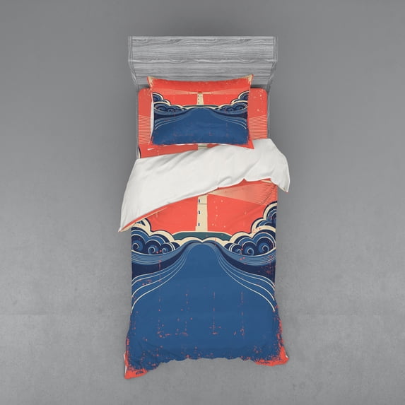 Ambesonne Grunge Bedding Set 3 Pcs, Lighthouse Waves Sea, Twin, Blue Coral White