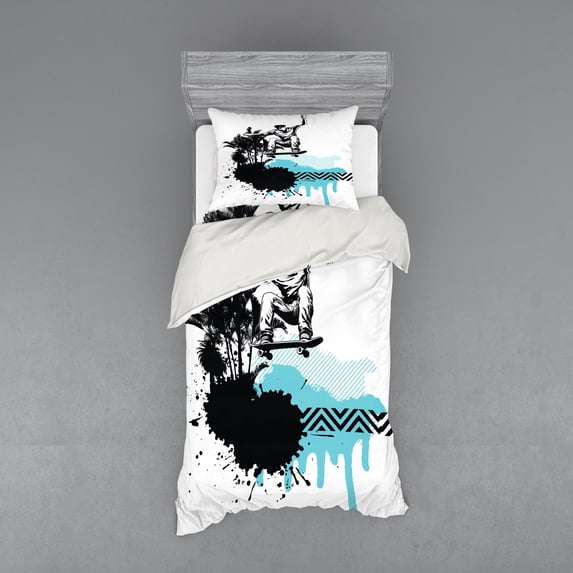 Ambesonne Grunge Bedding Set 3 Pcs, Young Boy Skater Exotic, Twin, Black Pale Blue