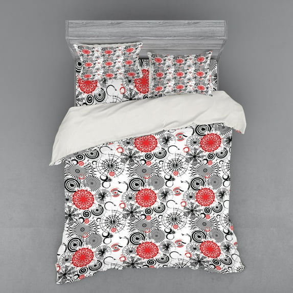 Ambesonne Grunge Bedding Set 4 Pcs, Mandala Rounds, Queen, Vermilion Black White