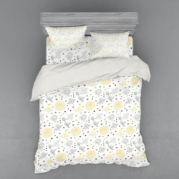 Ambesonne Grunge Bedding Set 4 Pcs, Roses Flowers, Queen, Yellow Grey White