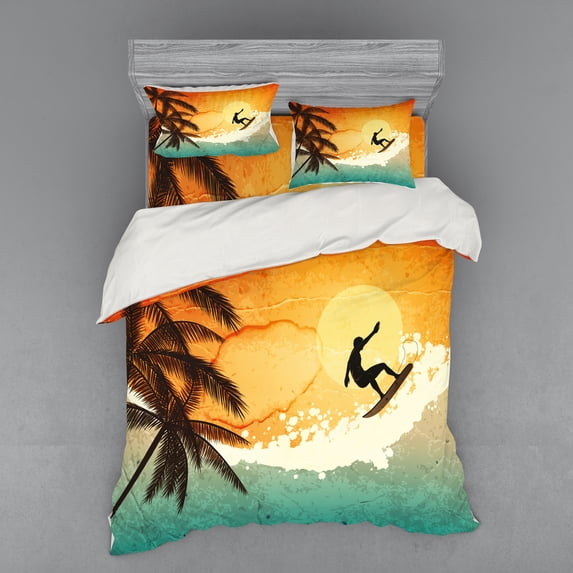Ambesonne Grunge Bedding Set 4 Pcs, Surfer Sea Palms Sunset, Queen, Orange Turquoise Black