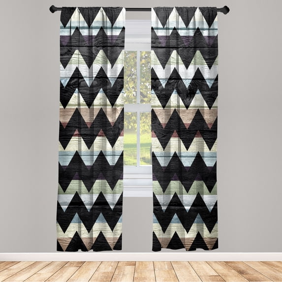 Ambesonne Grunge Curtains, Retro Art Black Chevron, Pair of 28"x95", Multicolor