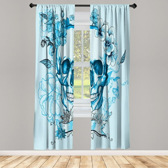 Ambesonne Grunge Curtains, Skull and Flowers Mexican, Pair of 28"x63", Pale Blue