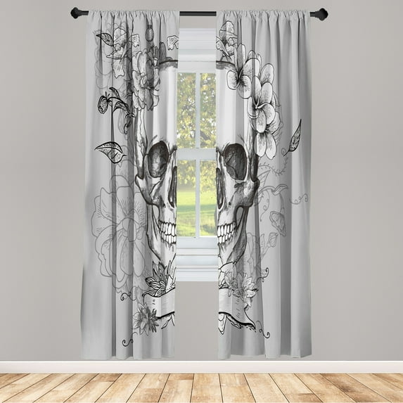 Ambesonne Grunge Curtains, Skull and Flowers Mexican, Pair of 28"x63", Pale Grey