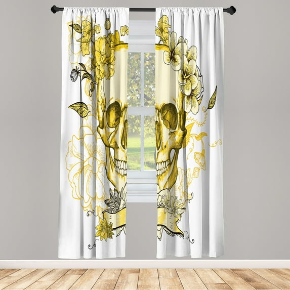 Ambesonne Grunge Curtains, Skull and Flowers Mexican, Pair of 28"x84", Pastel Yellow