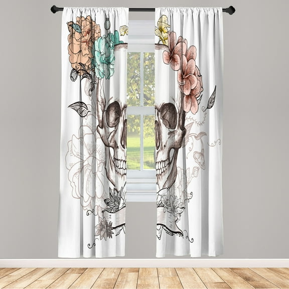 Ambesonne Grunge Curtains, Skull and Flowers Mexican, Pair of 28"x84", Peach and White