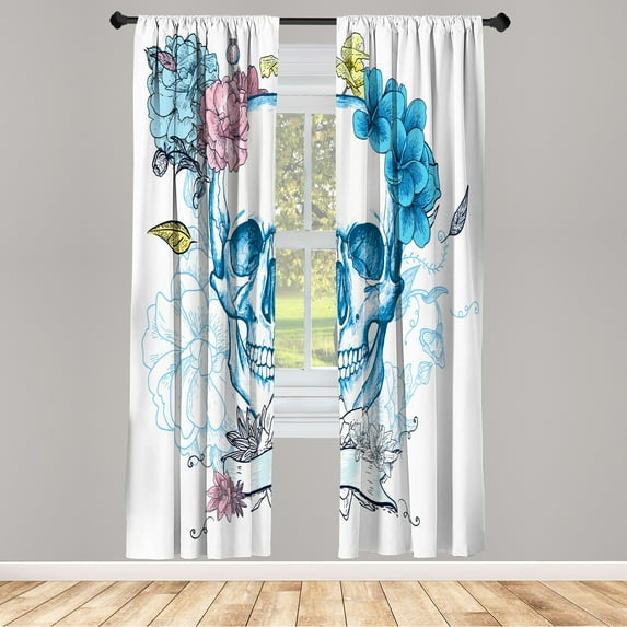 Ambesonne Grunge Curtains, Skull and Flowers Mexican, Pair of 28"x84", Sky Blue