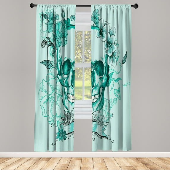 Ambesonne Grunge Curtains, Skull and Flowers Mexican, Pair of 28"x95", Almond Green