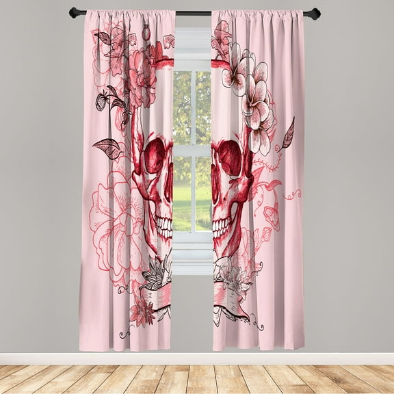 Ambesonne Grunge Curtains, Skull and Flowers Mexican, Pair of 28"x95", Pale Pink