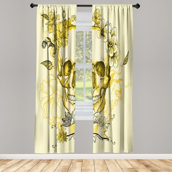 Ambesonne Grunge Curtains, Skull and Flowers Mexican, Pair of 28"x95", Pale Yellow