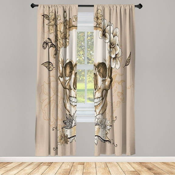 Ambesonne Grunge Curtains, Skull and Flowers Mexican, Pair of 28"x95", Pastel Brown