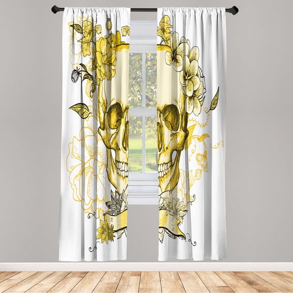Ambesonne Grunge Curtains, Skull and Flowers Mexican, Pair of 28"x95", Pastel Yellow