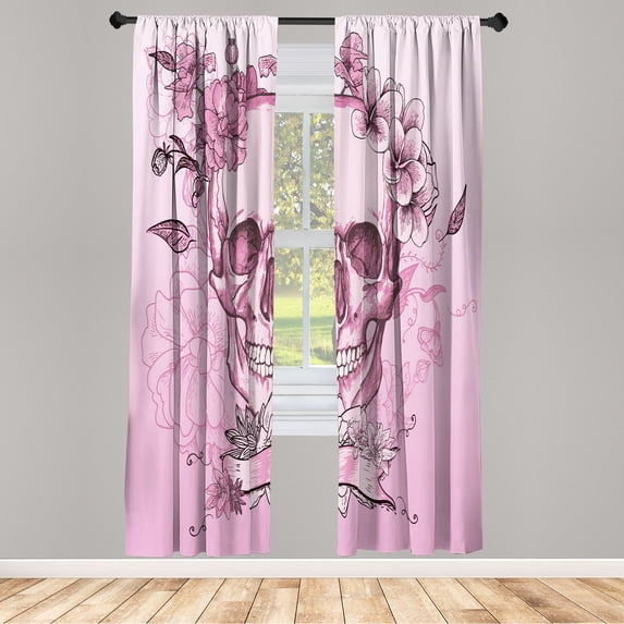Ambesonne Grunge Curtains, Skull and Flowers Mexico, Pair of 28"x63", Pale Fuchsia