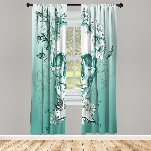 Ambesonne Grunge Curtains, Skull and Flowers Mexico, Pair of 28"x63", Pale Turquoise