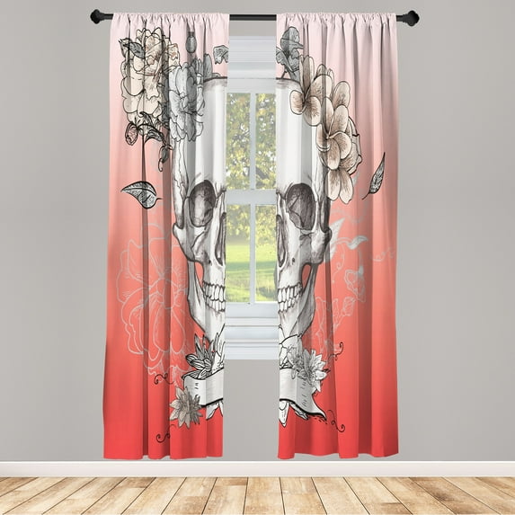 Ambesonne Grunge Curtains, Skull and Flowers Mexico, Pair of 28"x84", Ecru Dust