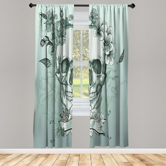 Ambesonne Grunge Curtains, Skull and Flowers Mexico, Pair of 28"x84", Pale Teal