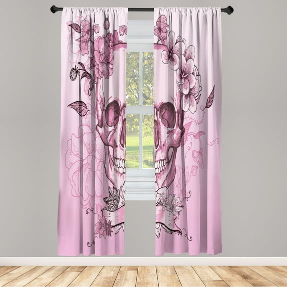 Ambesonne Grunge Curtains, Skull and Flowers Mexico, Pair of 28"x95", Pale Fuchsia