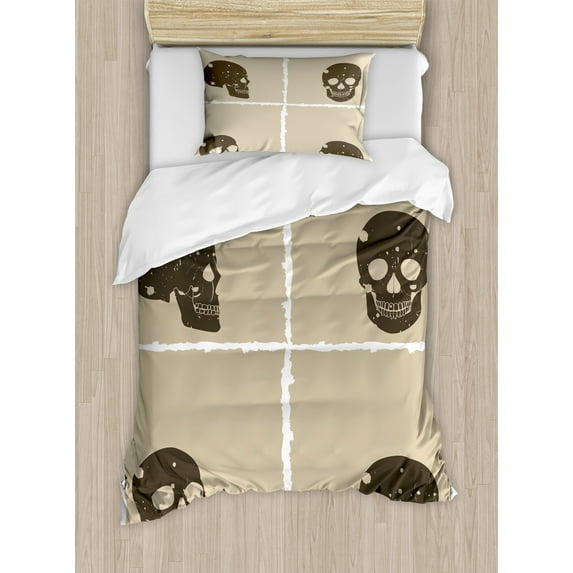 Ambesonne Grunge Duvet Cover Set, Halloween Skulls Spooky, Twin, Tan Dark Taupe