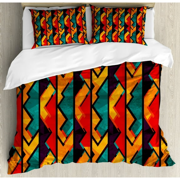 Ambesonne Grunge Duvet Cover Set, Mosaic Style Zigzag Lines, King, Teal Vermilion Plum
