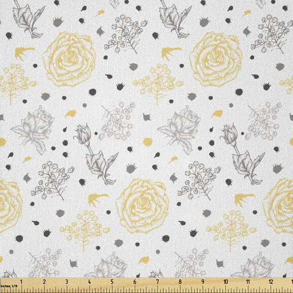 Ambesonne Grunge Fabric by the Yard Microfiber, Roses Flowers, 1 Yard, Yellow Grey White
