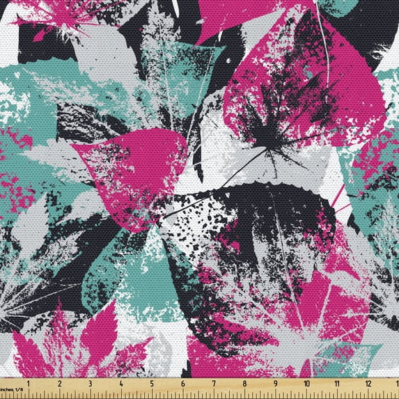 Ambesonne Grunge Fabric by the Yard Upholstery, Ornate Leaf Arrangement, 1 Yard, Hot Pink Seafoam Black