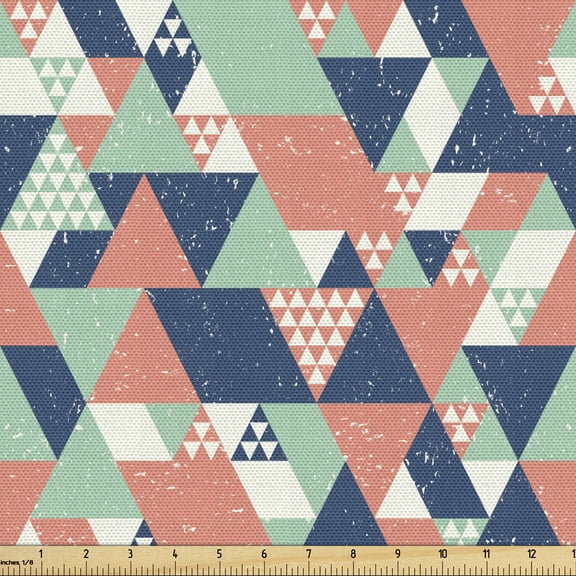 Ambesonne Grunge Fabric by the Yard Upholstery, Simplistic Triangles Art, 1 Yard, Almond Green and Coral
