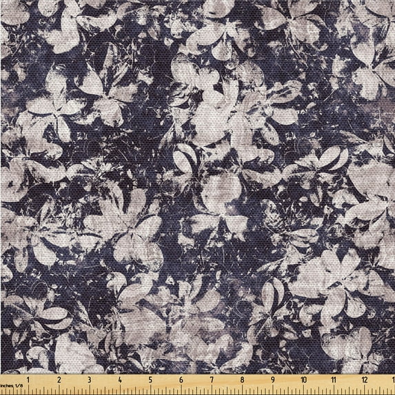 Ambesonne Grunge Fabric by the Yard Upholstery, Vintage Floral Garden Dreams, 2 Yards, Dark Purple and Pale Tan