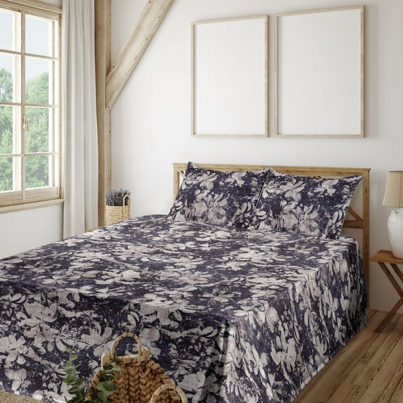 Ambesonne Grunge Fitted & Flat Sheet with Sham 3 Pcs Set, Vintage Floral Garden Dreams, Twin, Dark Purple and Pale Tan