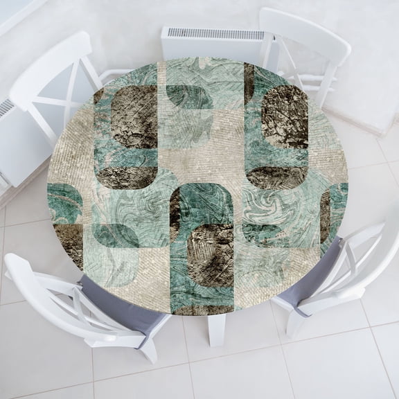 Ambesonne Grunge Fitted Round Tablecloth, Bohemian Rectangular Forms, 36"- 40" Diameter, Laurel Green Dark Brown