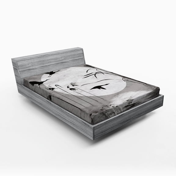 Ambesonne Grunge Fitted Sheet, Heron Birds, Full Size, Black Grey