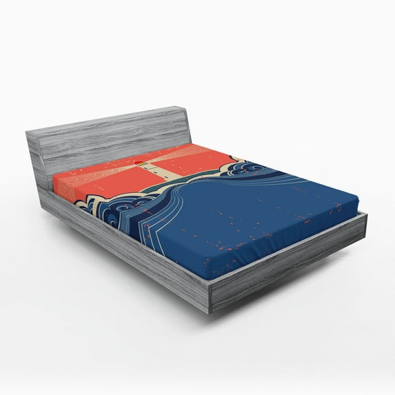 Ambesonne Grunge Fitted Sheet, Lighthouse Waves Sea, Queen Size, Blue Coral White