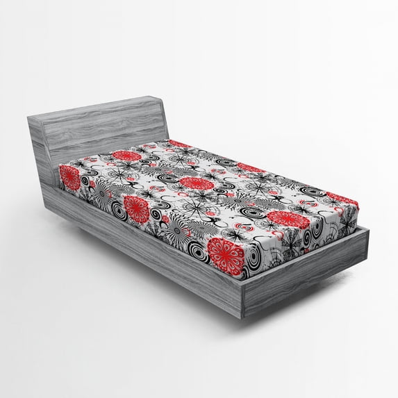 Ambesonne Grunge Fitted Sheet, Mandala Rounds, Twin Size, Vermilion Black White