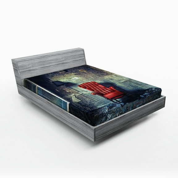 Ambesonne Grunge Fitted Sheet, Old Armchair Messy House, Queen Size, Pale Green Red Black
