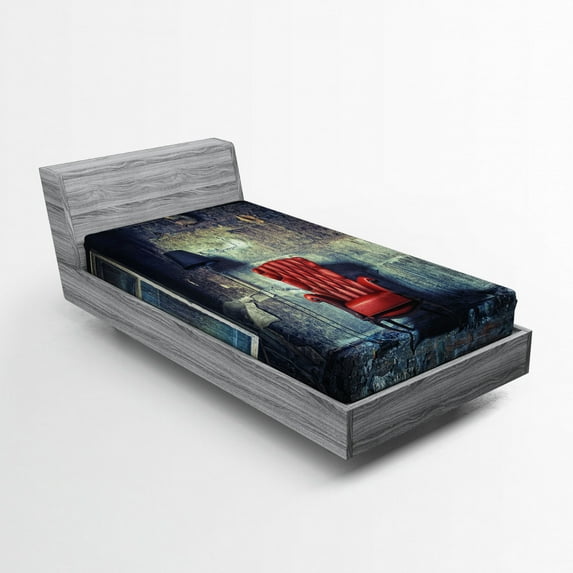 Ambesonne Grunge Fitted Sheet, Old Armchair Messy House, Twin Size, Pale Green Red Black