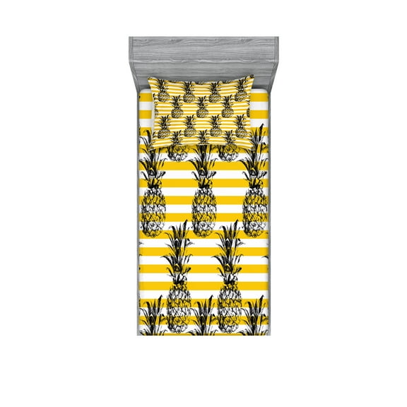 Ambesonne Grunge Fitted Sheet & Pillow Sham Set, Retro Striped Vintage, Twin, Black and Earth Yellow