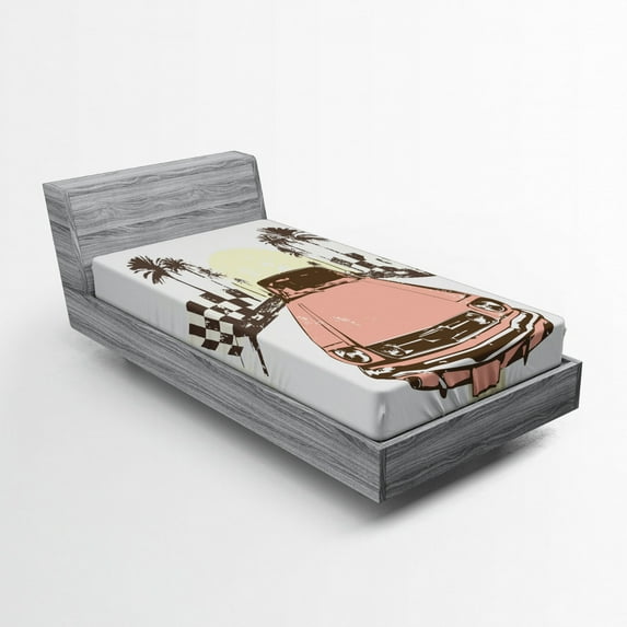 Ambesonne Grunge Fitted Sheet, Retro Car Sport Palms Art, Twin XL Size, Mint Green Yellow Coral