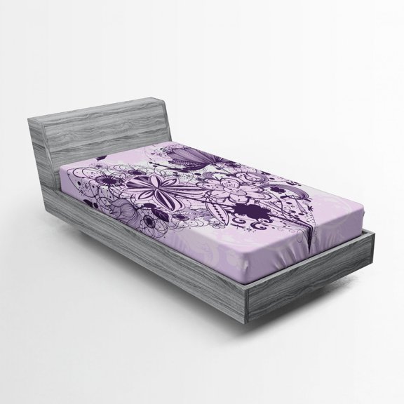 Ambesonne Grunge Fitted Sheet, Swirls and Petal Retro, Twin Size, Pale Blue Chestnut Brown