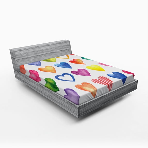 Ambesonne Grunge Fitted Sheet, Watercolor Heart Romance, Queen Size, Red Blue Yellow