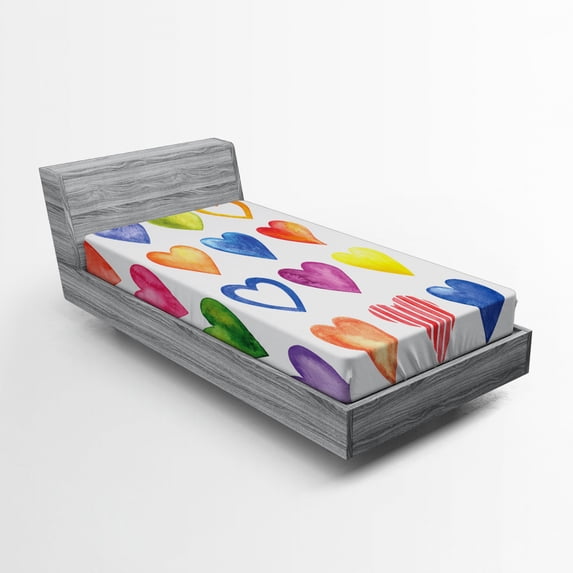 Ambesonne Grunge Fitted Sheet, Watercolor Heart Romance, Twin XL Size, Red Blue Yellow