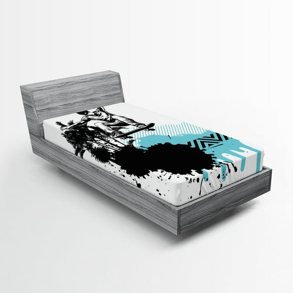 Ambesonne Grunge Fitted Sheet, Young Boy Skater Exotic, Twin Size, Black Pale Blue