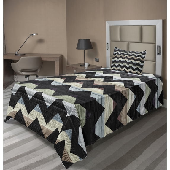 Ambesonne Grunge Fitted & Top Sheet Set with Sham, Retro Art Black Chevron, Multicolor