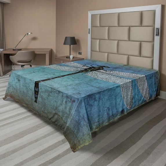 Ambesonne Grunge Flat Sheet, Dragonfly Bug Turquoise, King Size, Turquoise Dark Blue