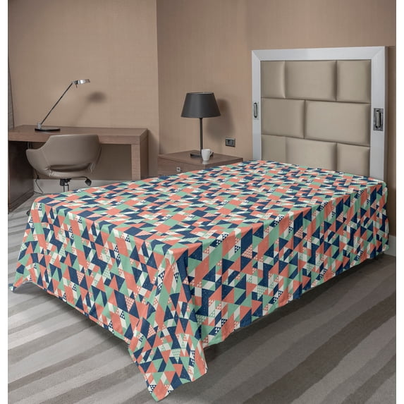 Ambesonne Grunge Flat Sheet, Simplistic Triangles Art, TwinXL Size, Almond Green and Coral