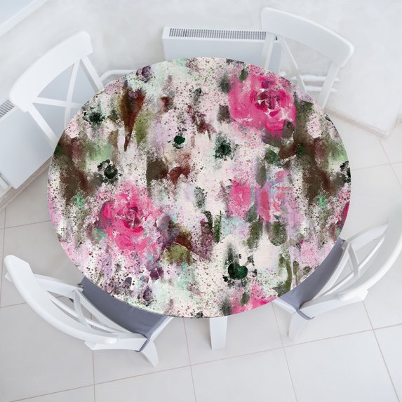 Ambesonne Grunge Floral Fitted Round Tablecloth, Abstract Pastel Bloom, 45"- 56" Diameter, Hot Pink Pale Pink Teal